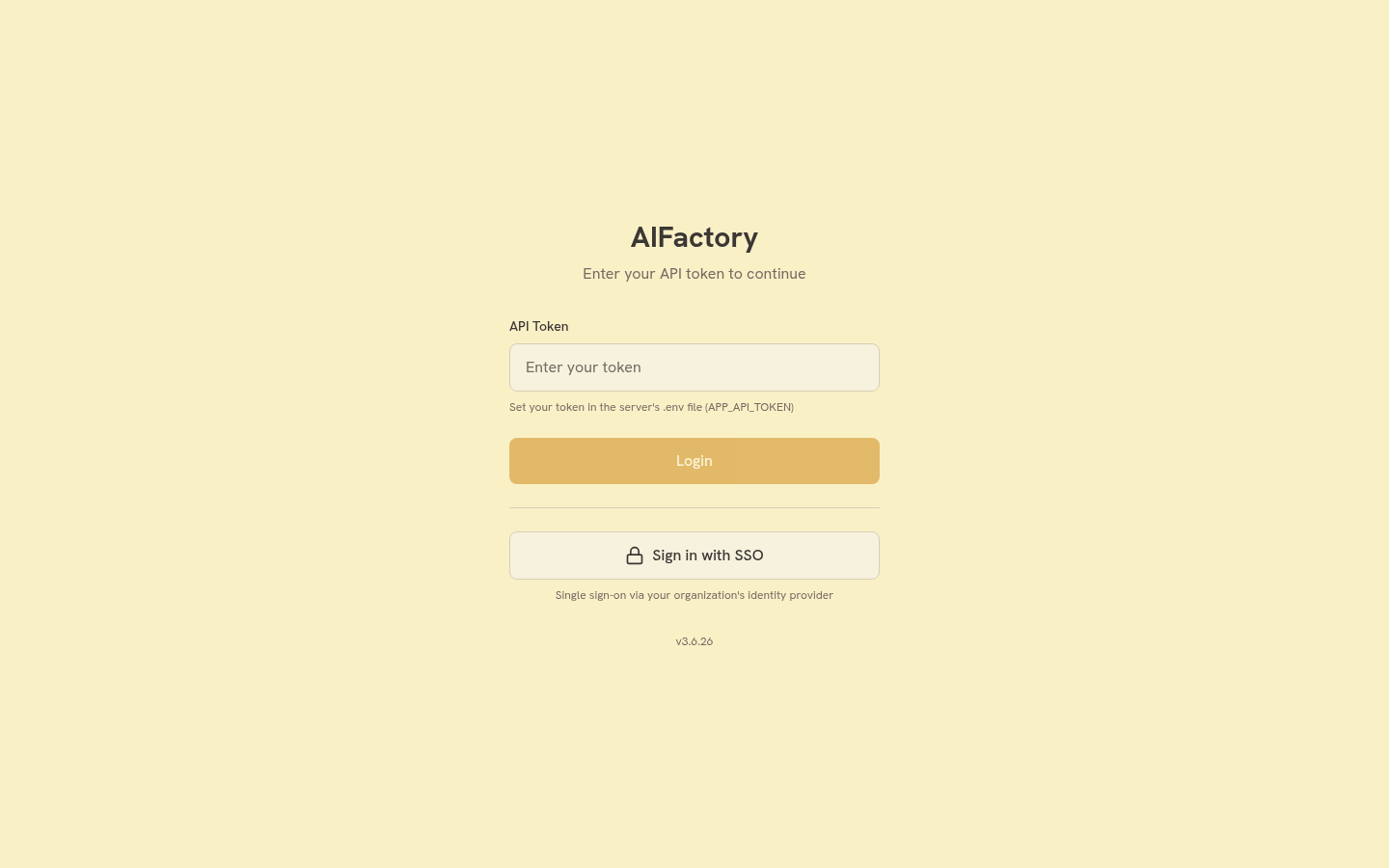 API-token login screen, with the SSO option below it