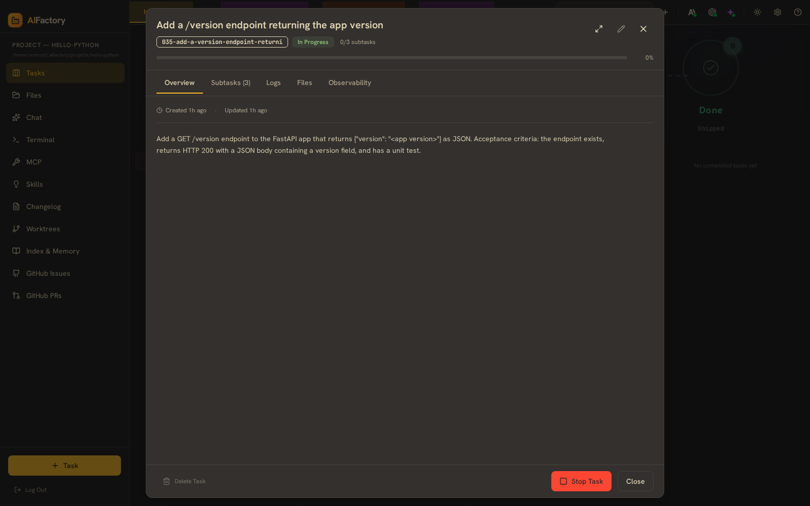 Task detail — Overview tab with the generated spec