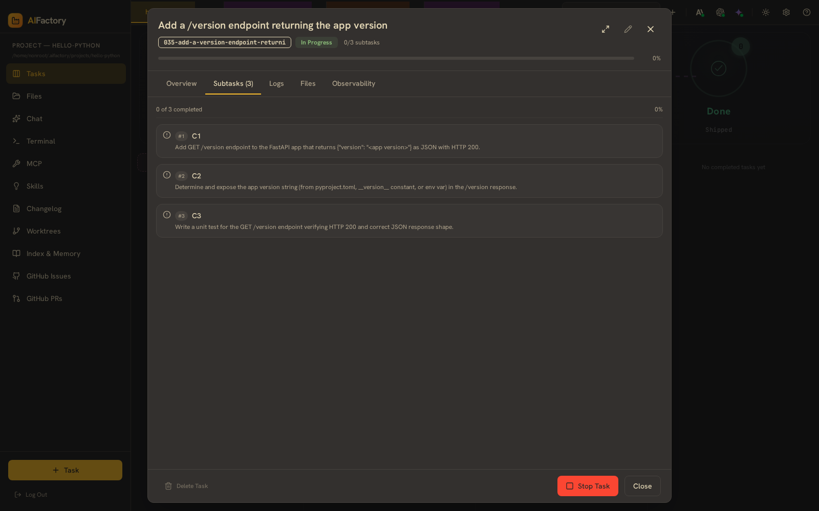 Task detail — Subtasks / plan tab