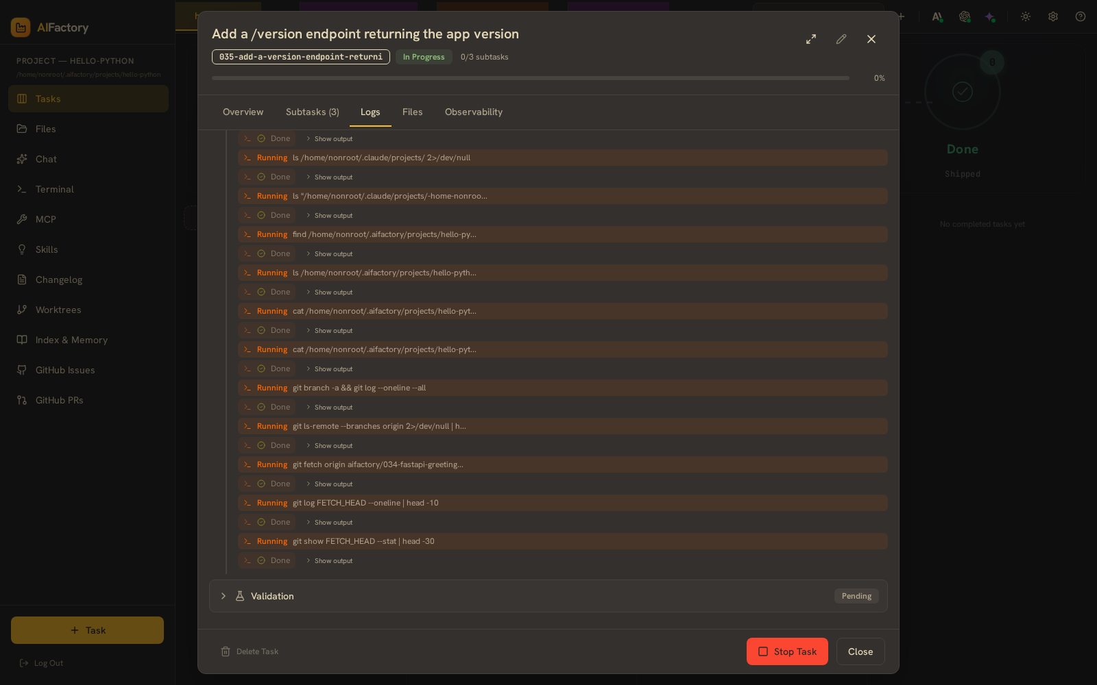 Task detail — Logs tab