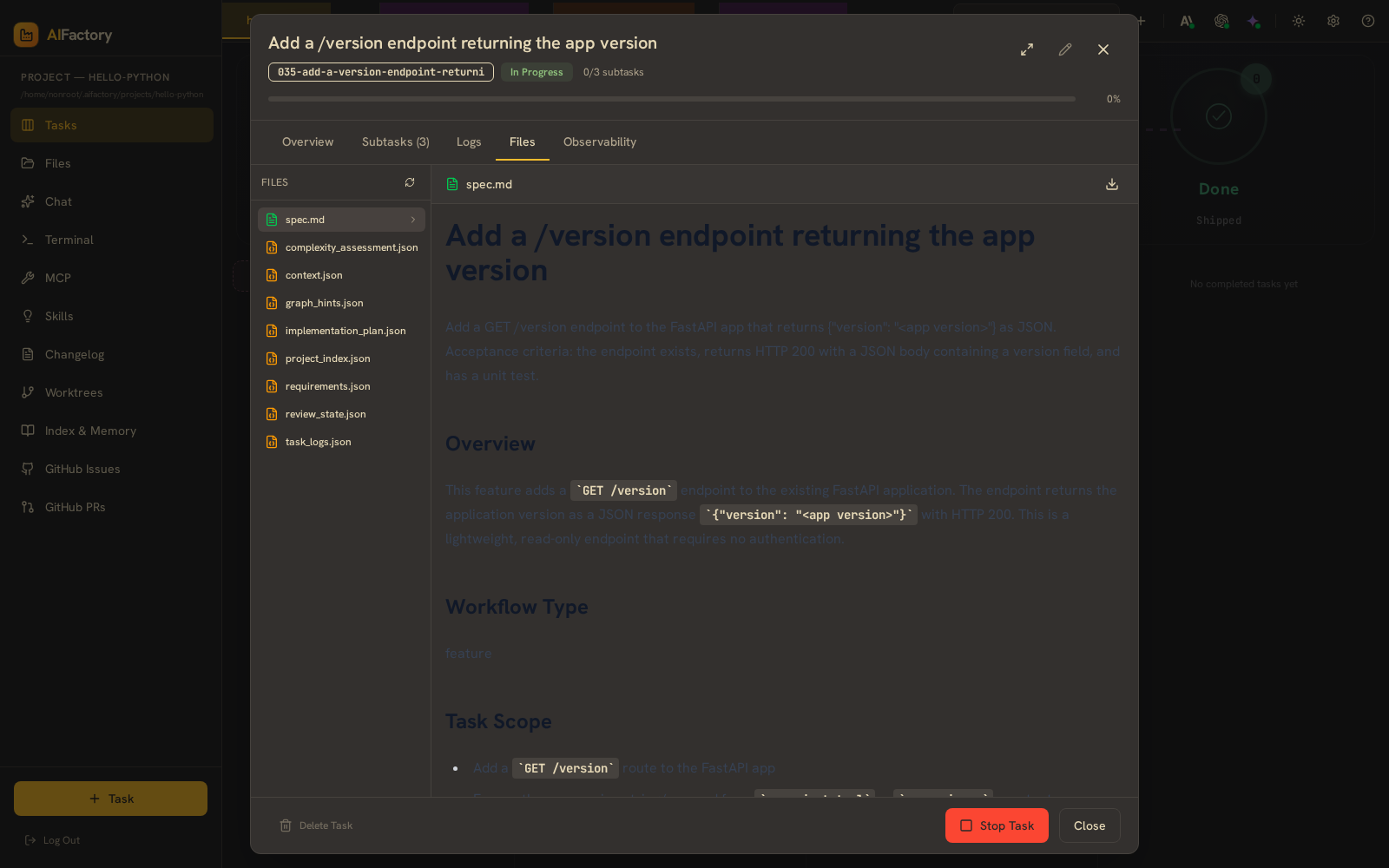 Task detail — Files tab