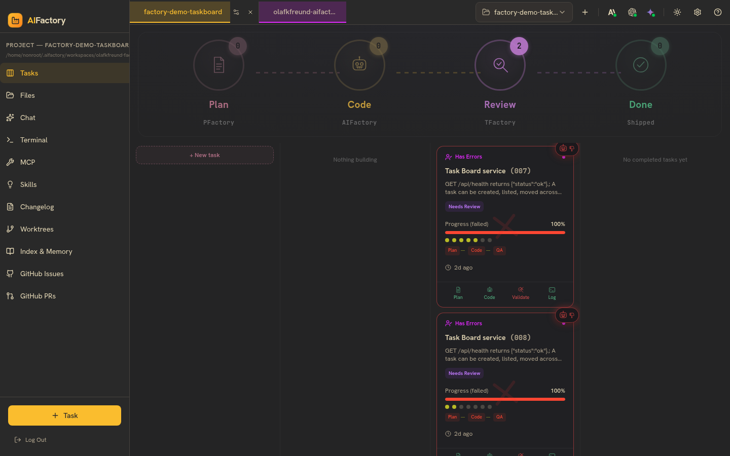 A project board showing tasks in a Has Errors / failed state