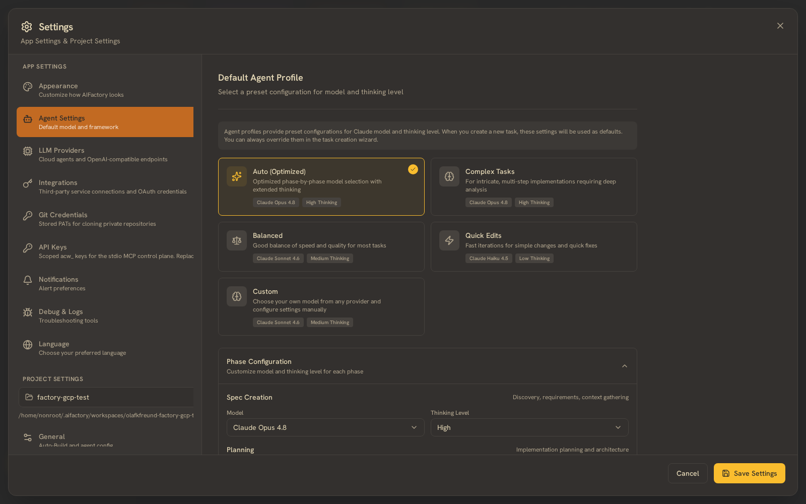 Settings — Agent Settings, default model and agent profile