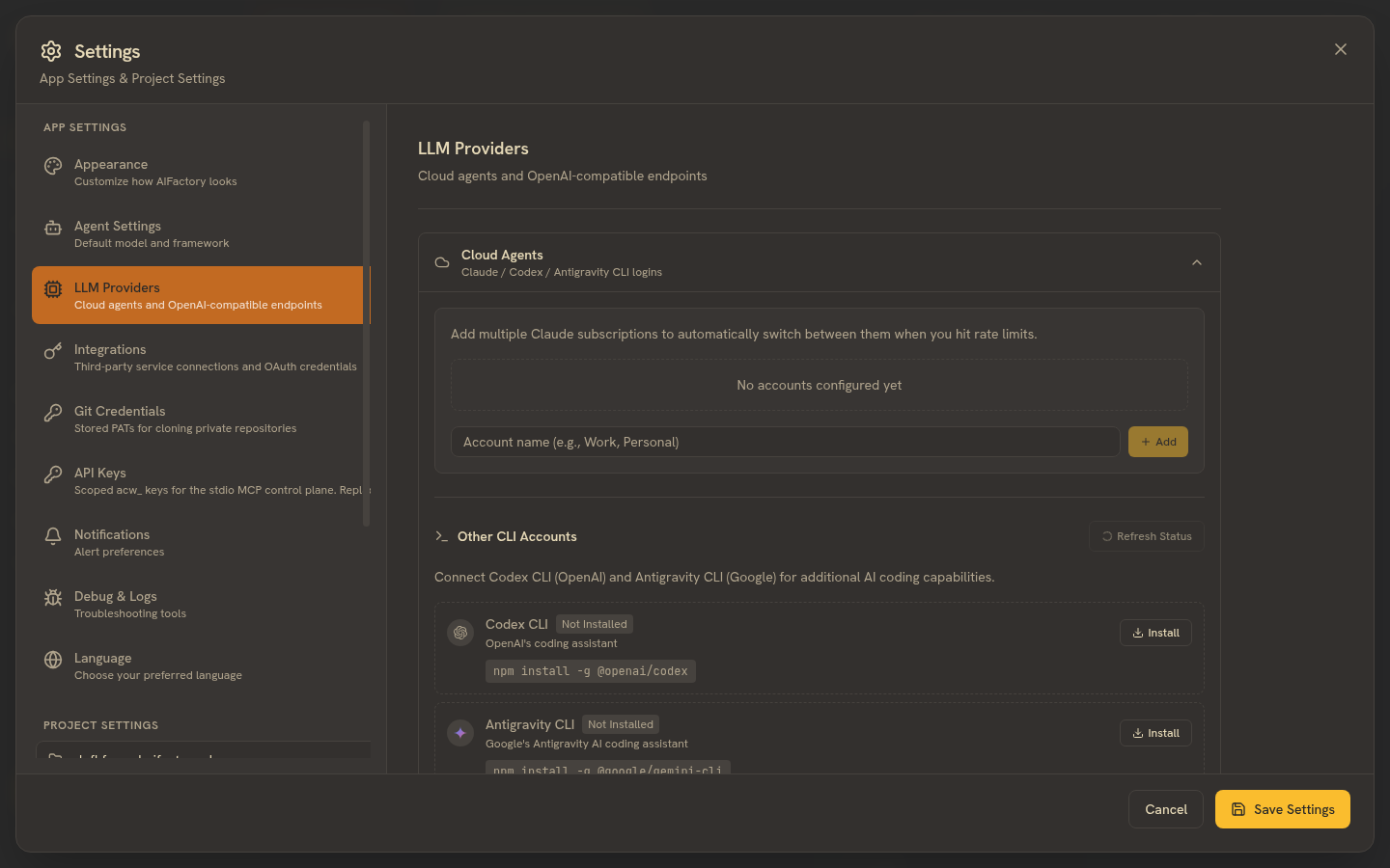 Settings — LLM Providers, cloud agents and OpenAI-compatible endpoints