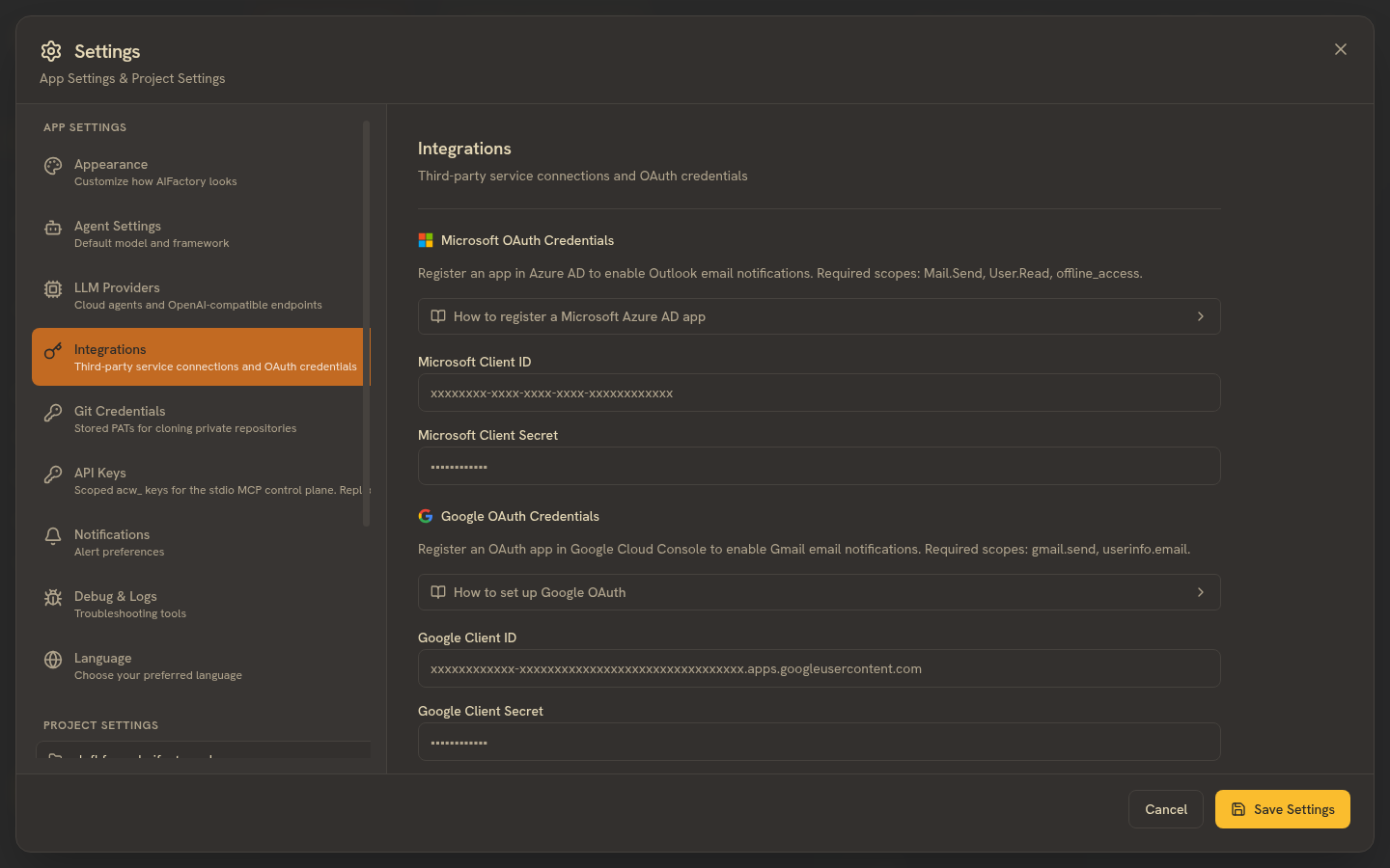 Settings — Integrations and OAuth credentials